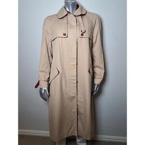 Vintage Sears Trench Coat Rain Coat Size 16/L Fully Lined Tan With Maroon Trim